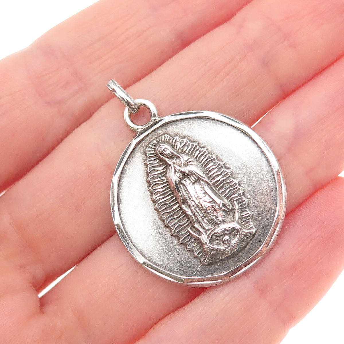 925 Sterling Silver Vintage St. Mary Miraculous Oxidized Charm Pendant