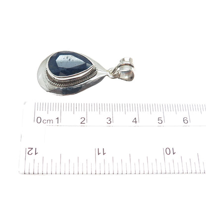 925 Sterling Silver Vintage Real Pear-Cut Sapphire Teardrop Charm Pendant
