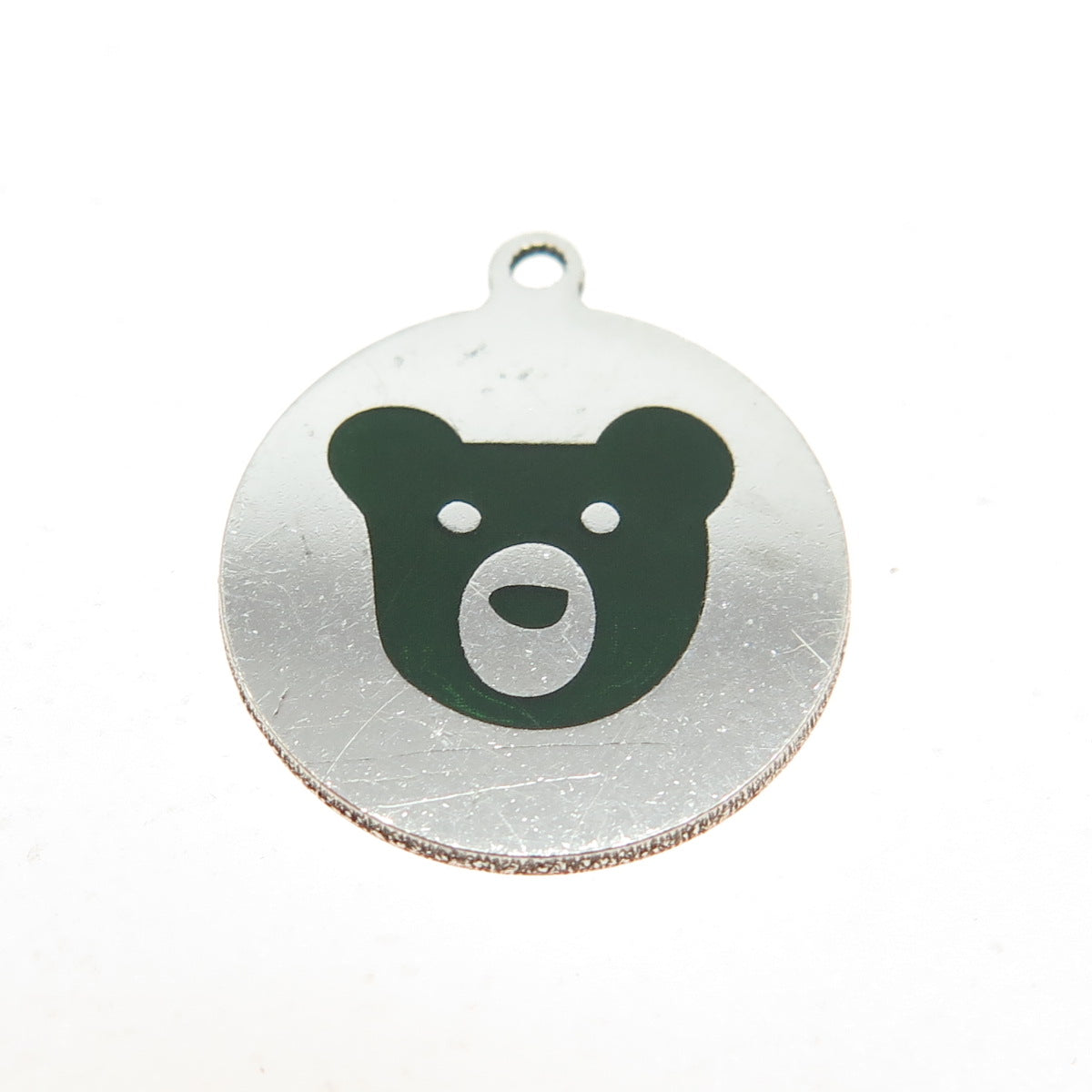 925 Sterling Silver Green Enamel Teddy Bear Round Tag Minimalist Charm Pendant