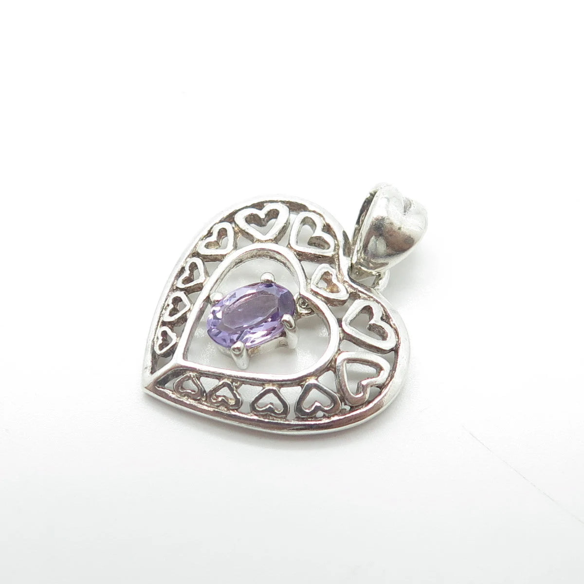 925 Sterling Silver Vintage Real Lavender Amethyst Open Heart Charm Pendant