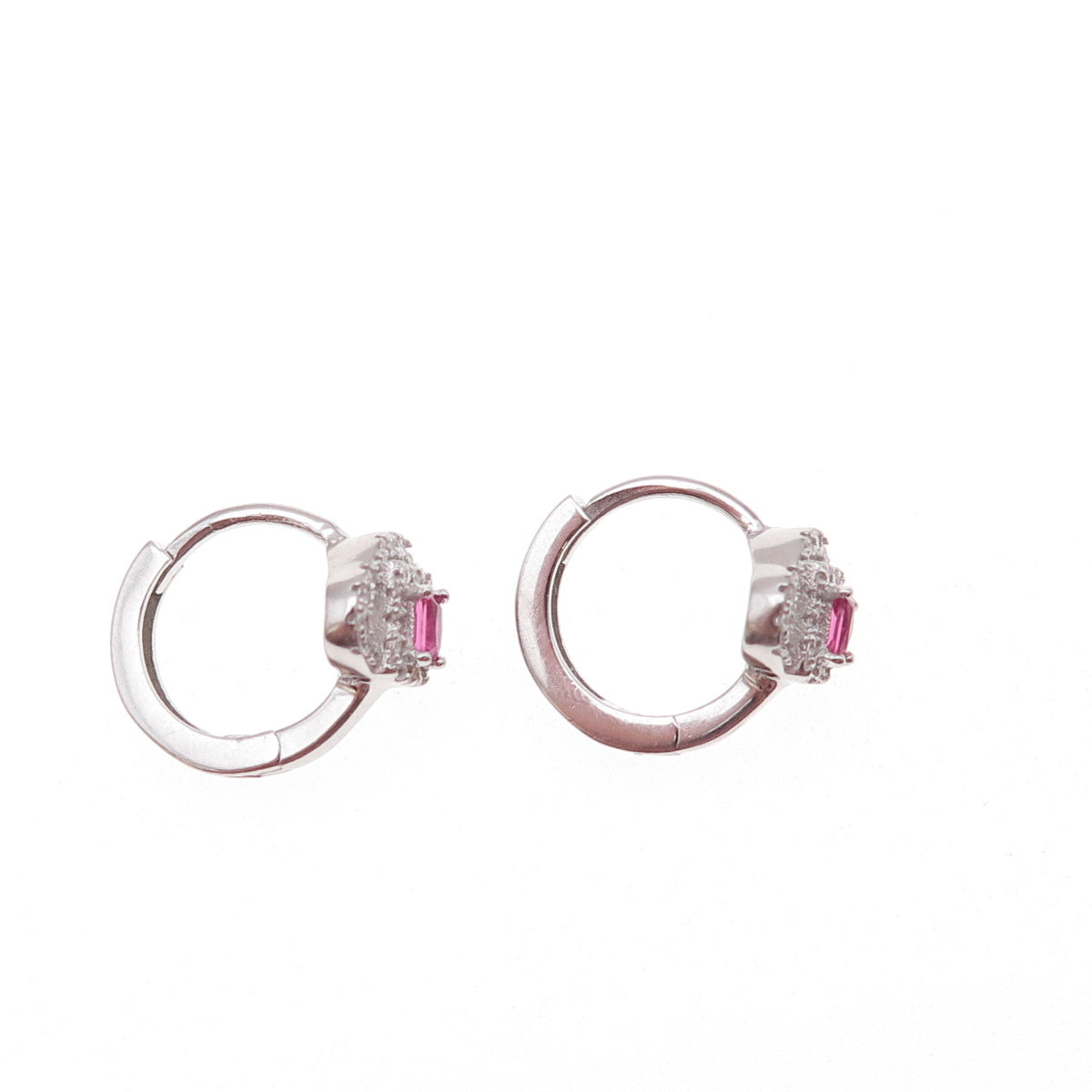 925 Sterling Silver Pink & White C Z Hoop Earrings