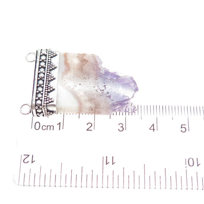 925 Sterling Silver Vintage Amethyst Agate Oxidized Slide Centerpiece Pendant