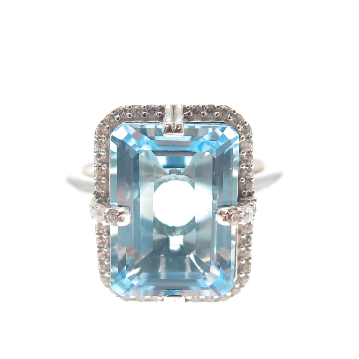 DSMK 925 Sterling Silver Real Emerald-Cut Blue Topaz & C Z Ring Size 7.5