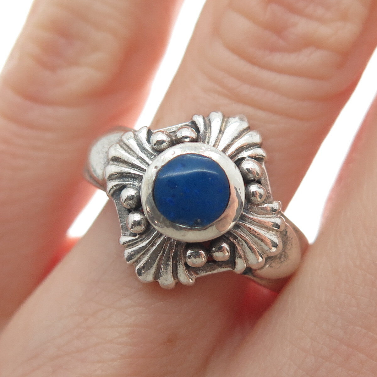 HAN 925 Sterling Silver Vintage Real Lapis Lazuli Gem Cross Ribbed Ring Size 7.5