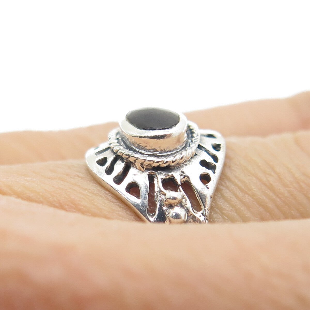 925 Sterling Silver Vintage Real Black Onyx Modernist Ring Size 5.25