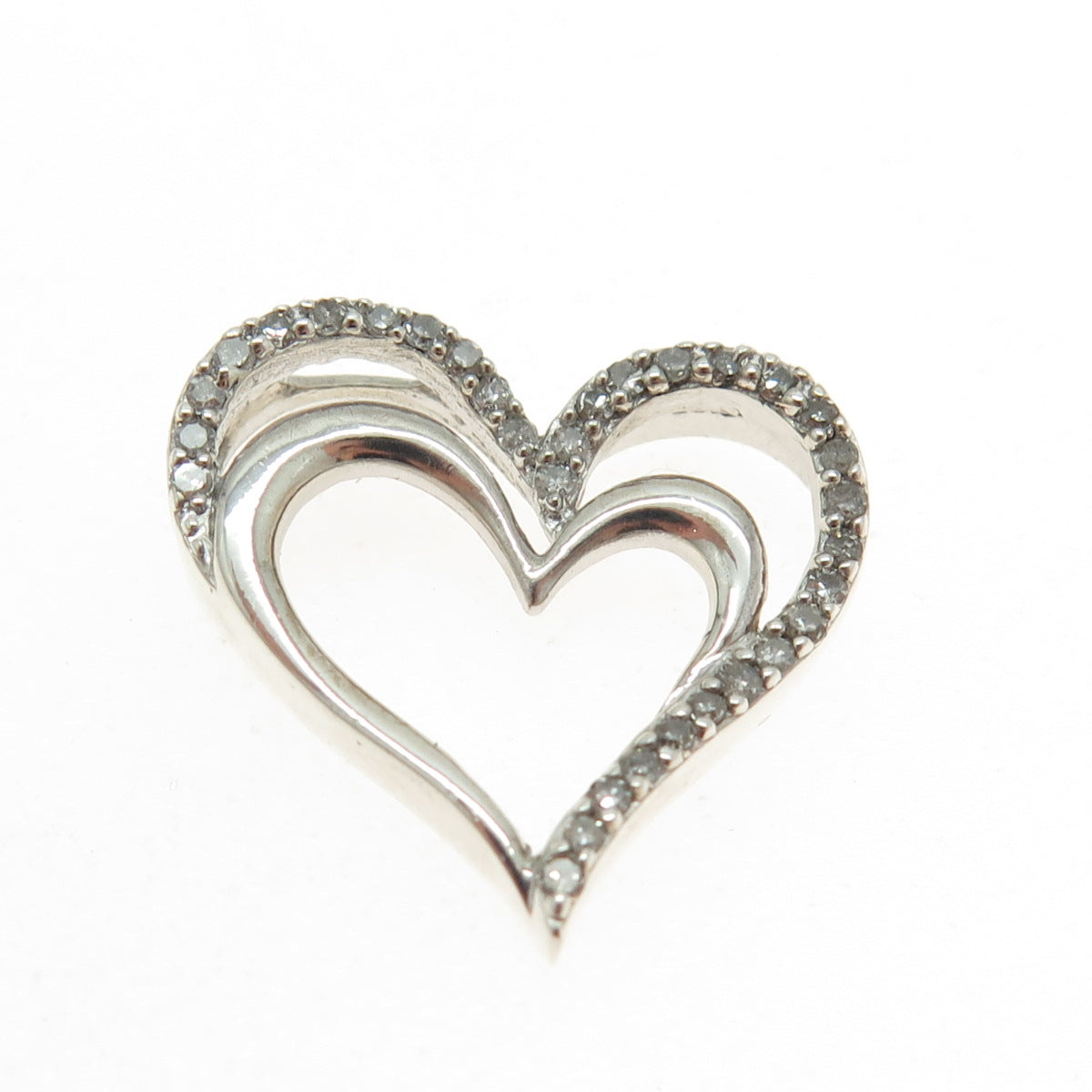 SUN 925 Sterling Silver Real Round-Cut Diamond Double Heart Slide Pendant