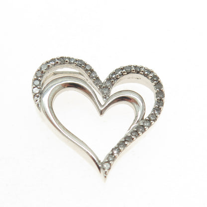 SUN 925 Sterling Silver Real Round-Cut Diamond Double Heart Slide Pendant