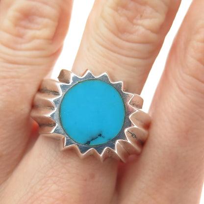 925 Sterling Silver Vintage Mexico Real Turquoise Modernist Sun Ring Size 13