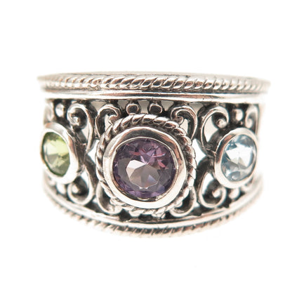 Pranda 925 Sterling Silver Vintage Real Amethyst Blue Topaz Peridot Ring Size 9