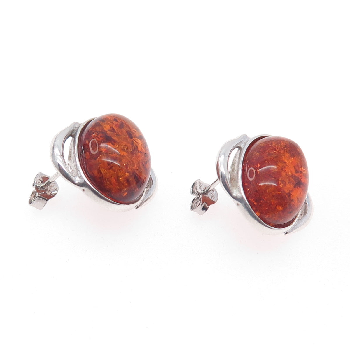 925 Sterling Silver Vintage Real Amber Modernist Earrings