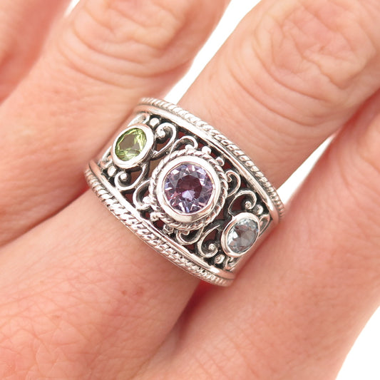 Pranda 925 Sterling Silver Vintage Real Amethyst Blue Topaz Peridot Ring Size 9