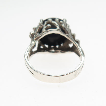 925 Sterling Silver Vintage Real Black Onyx Modernist Oxidized Ring Size 7.25