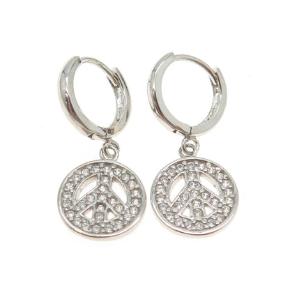 925 Sterling Silver Pave C Z Symbol of Peace Dangling Earrings