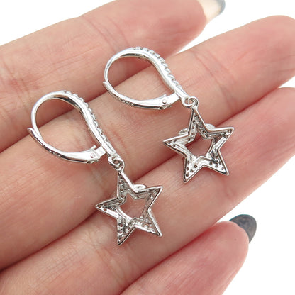 925 Sterling Silver Pave C Z Star Dangling Earrings