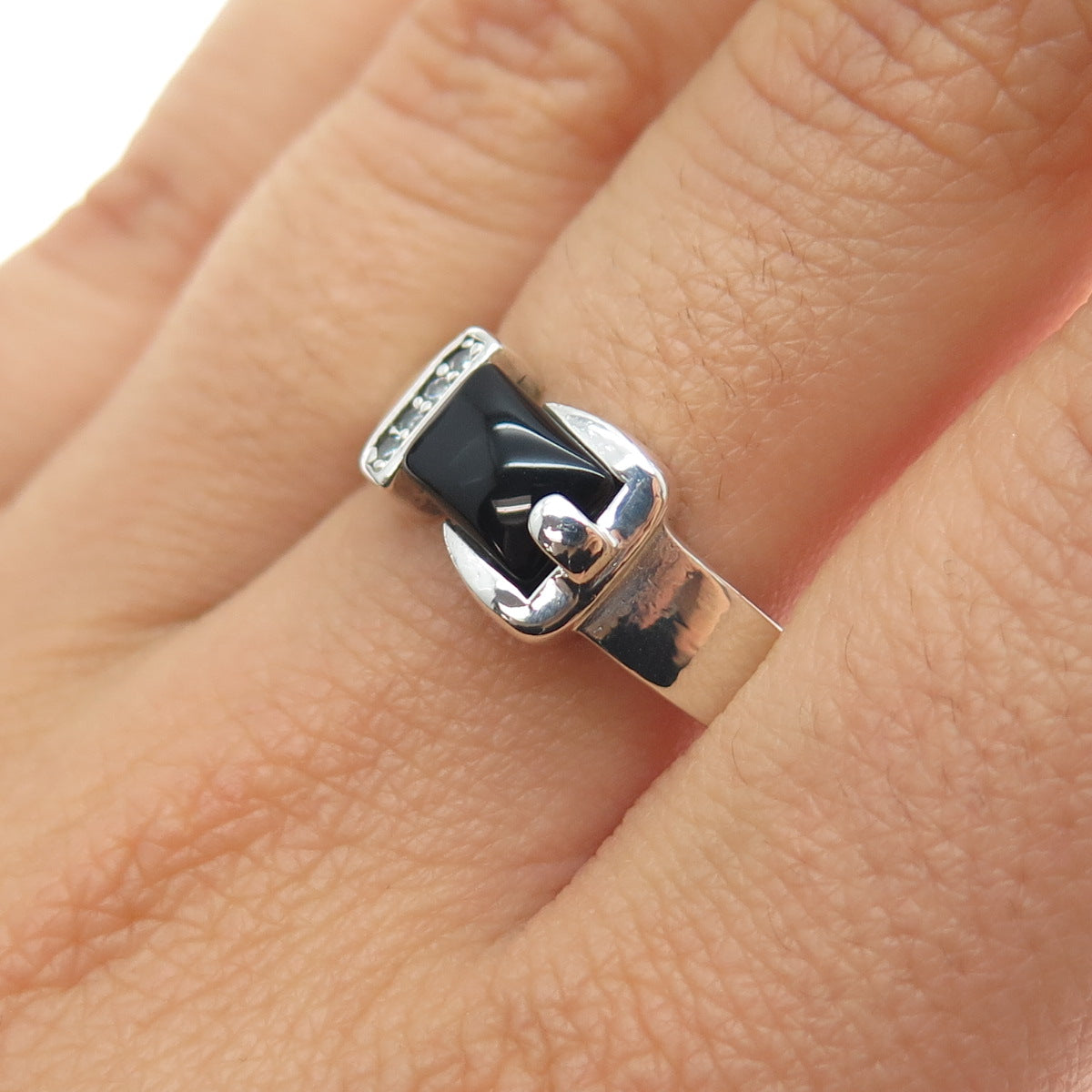 925 Sterling Silver Vintage Real Black Onyx & C Z Buckle Ring Size 9.5