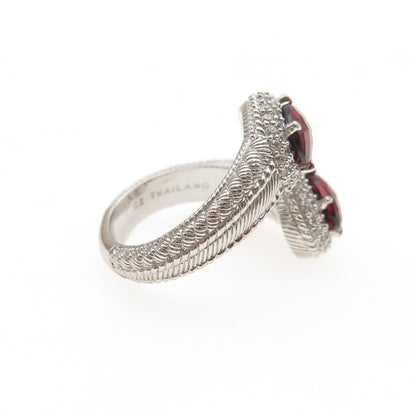 JUDITH RIPKA 925 Sterling Silver Red & White C Z Adjustable Bypass Ring Size 7.5