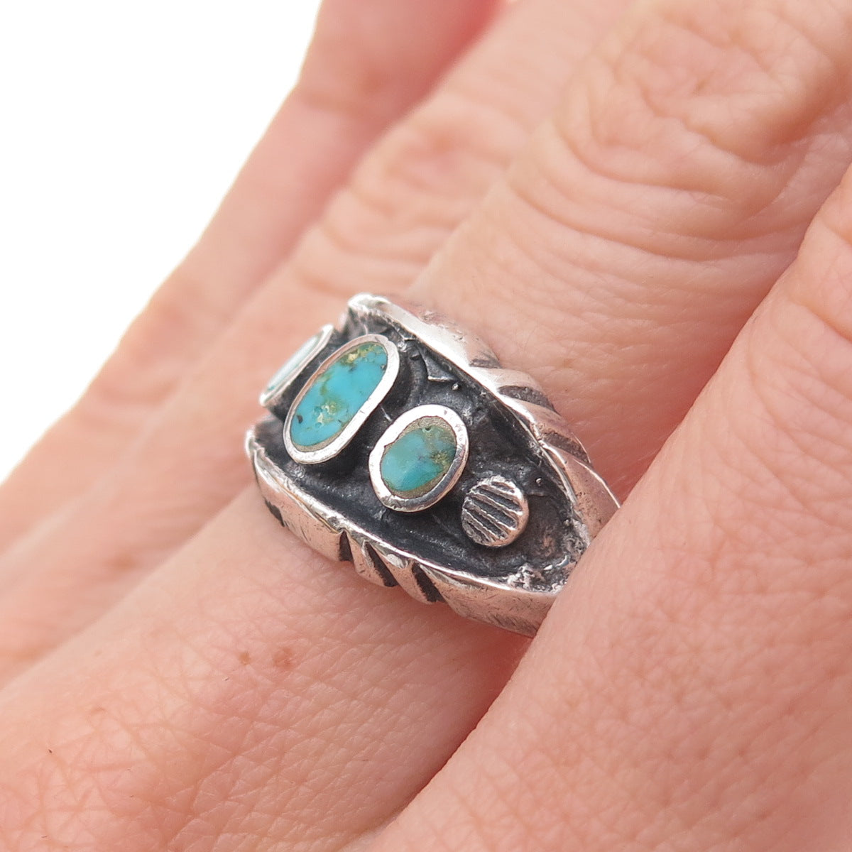 Old Pawn 925 Sterling Silver Vintage Southwestern Turquoise Tribal Ring Size 9.5