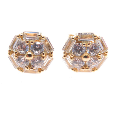 925 Sterling Silver Gold Plated Emerald & Round-Cut C Z Stud Earrings