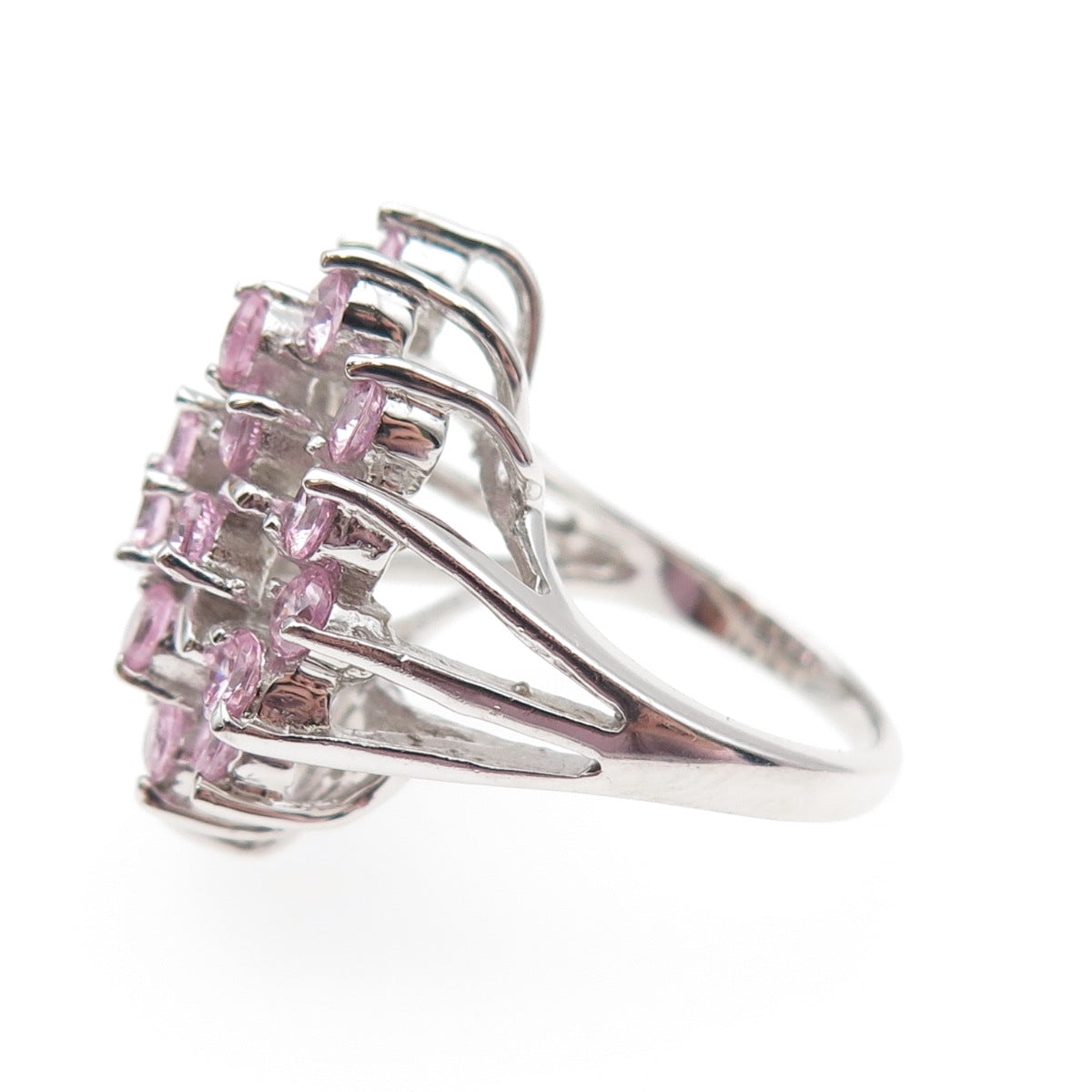 925 Sterling Silver Round-Cut Pink C Z Cluster Ring Size 5.25