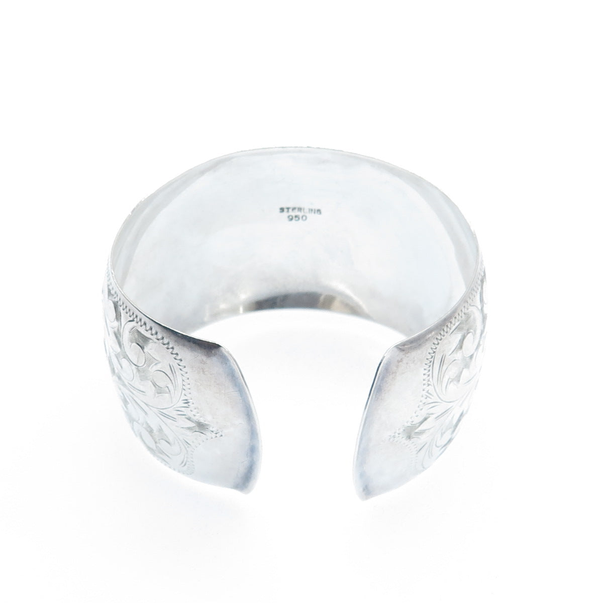 950 Silver Antique Japan Engraved Floral Leaf Adjustable Wide Cuff Bracelet 6.5"