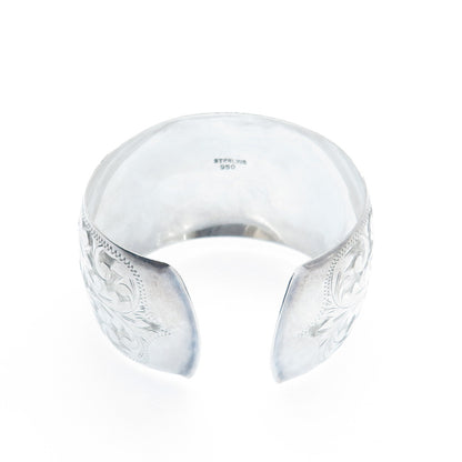 950 Silver Antique Japan Engraved Floral Leaf Adjustable Wide Cuff Bracelet 6.5"