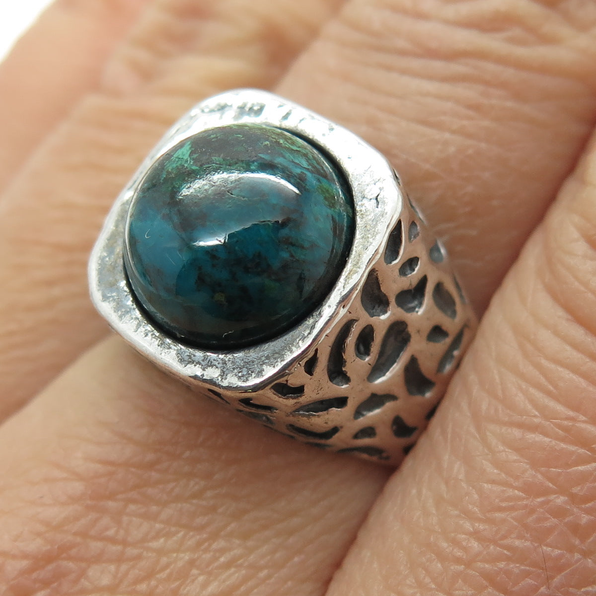 925 Sterling Silver Vintage Israel Real Azurite Gem Adjustable Ring Size 7.25