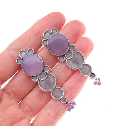 925 Sterling Silver Vintage Real Amethyst Modernist Oxidized Earrings