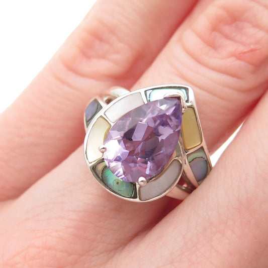 Whitney Kelly Sterling Vintage Real Amethyst Abalone Shell & MOP Ring Size 6.25