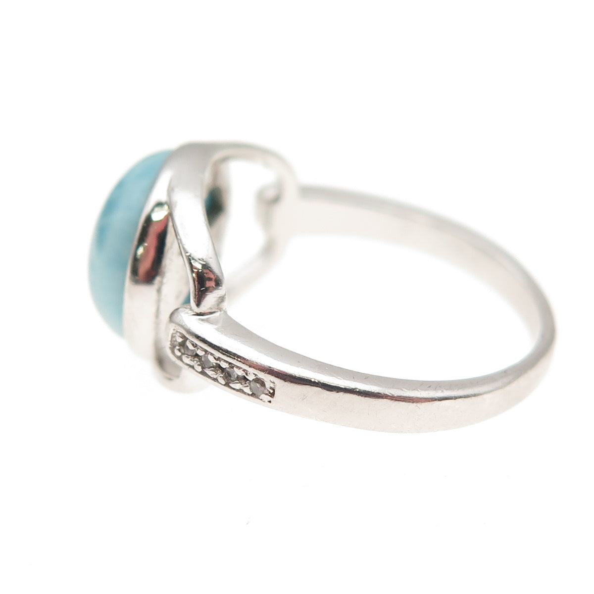 925 Sterling Silver Real Larimar & C Z Modernist Ring Size 7.25