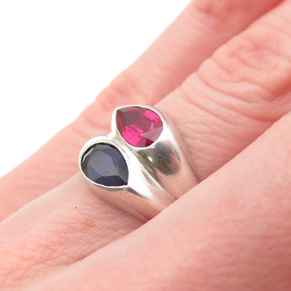 925 Sterling Silver Vintage Lab-Created Ruby & Sapphire Modernist Ring Size 5
