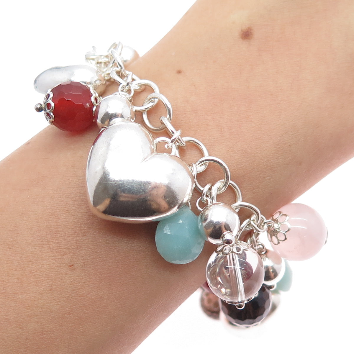 925 Sterling Silver Vintage Italy Multi-Quartz & Aquamarine Heart Bracelet 7.5"