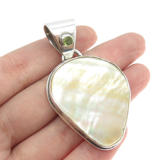 925 Sterling Silver Vintage Real Mother-of-Pearl & Peridot Gemstone Pendant