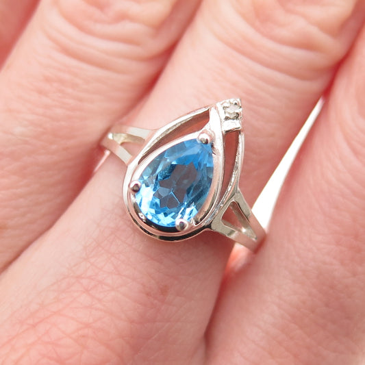 925 Sterling Silver Vintage Real Diamond Accent & Swiss Blue Topaz Ring Size 8