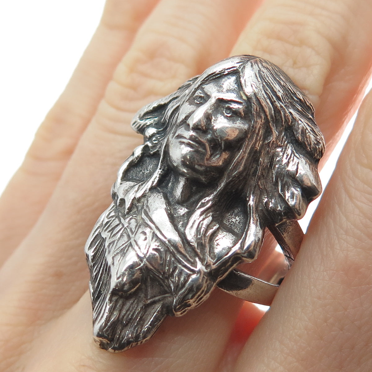 925 Sterling Silver Vintage Indian Chief Statement Oxidized Ring Size 10.5