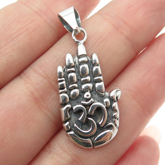 925 Sterling Silver Vintage Hamsa Amulet Om Mantra Oxidized Pendant