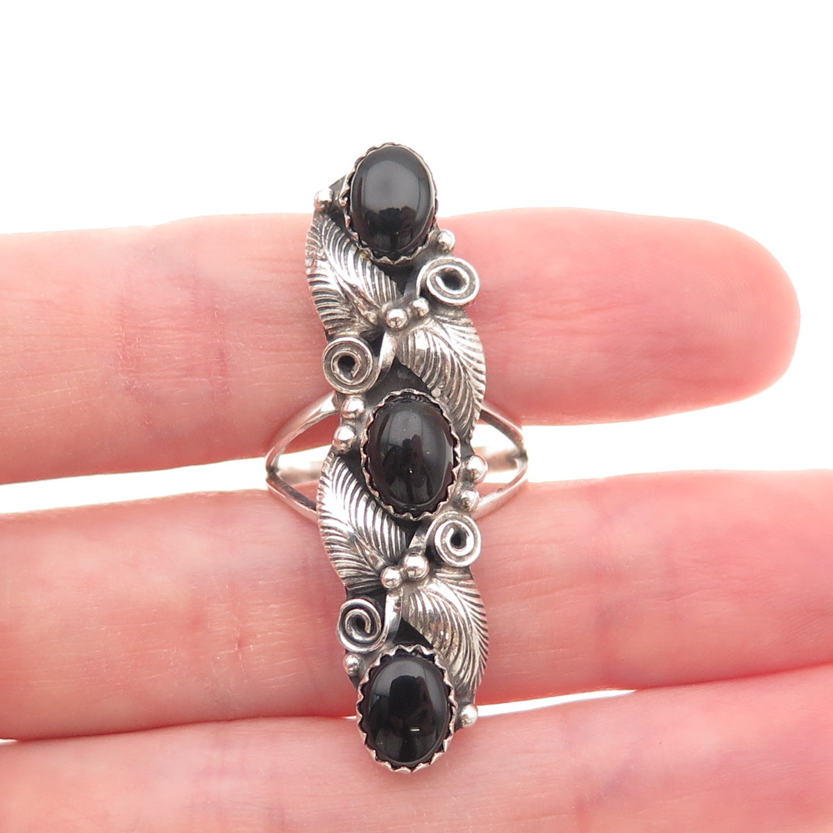 Old Pawn 925 Sterling Silver Vintage Black Onyx Feather Statement Ring Size 7.25