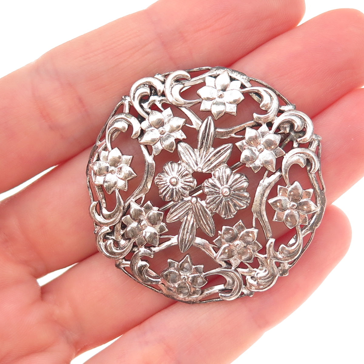 925 Sterling Silver Antique Art Deco Floral Oxidized Pin Brooch