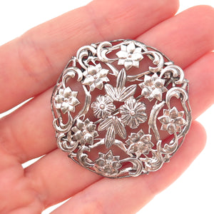 925 Sterling Silver Antique Art Deco Floral Oxidized Pin Brooch