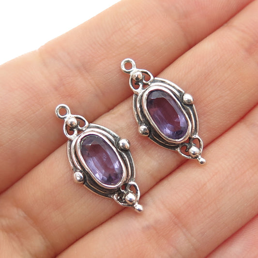 925 Sterling Silver Vintage Real Amethyst Modernist Oxidized Jacket Earrings