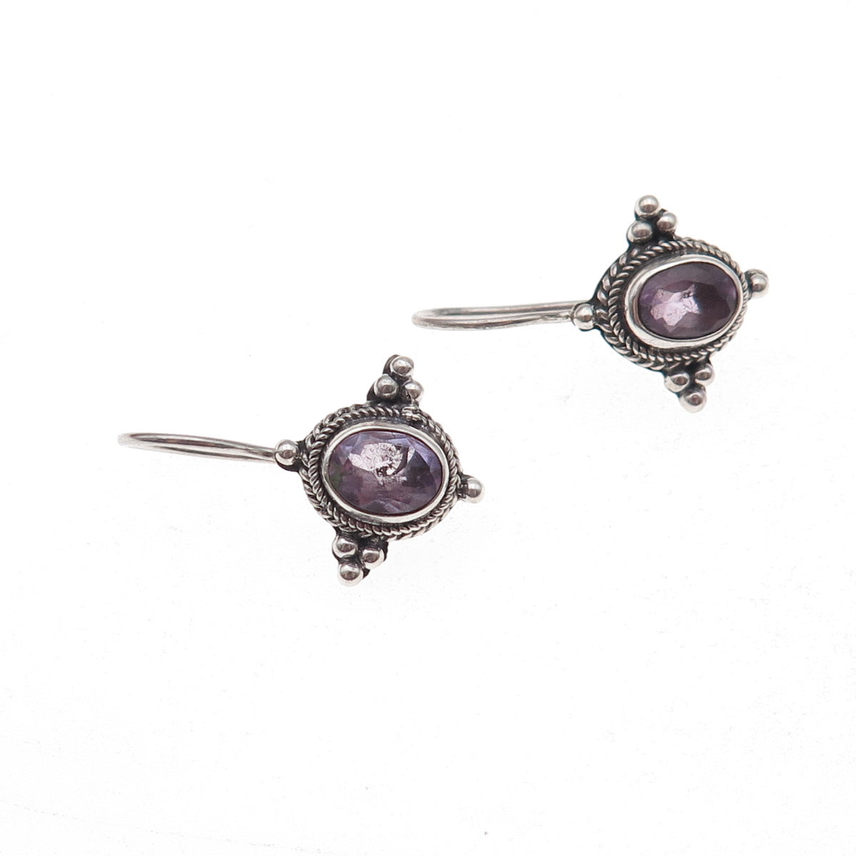 925 Sterling Silver Vintage Real Amethyst Beaded Oxidized Earrings
