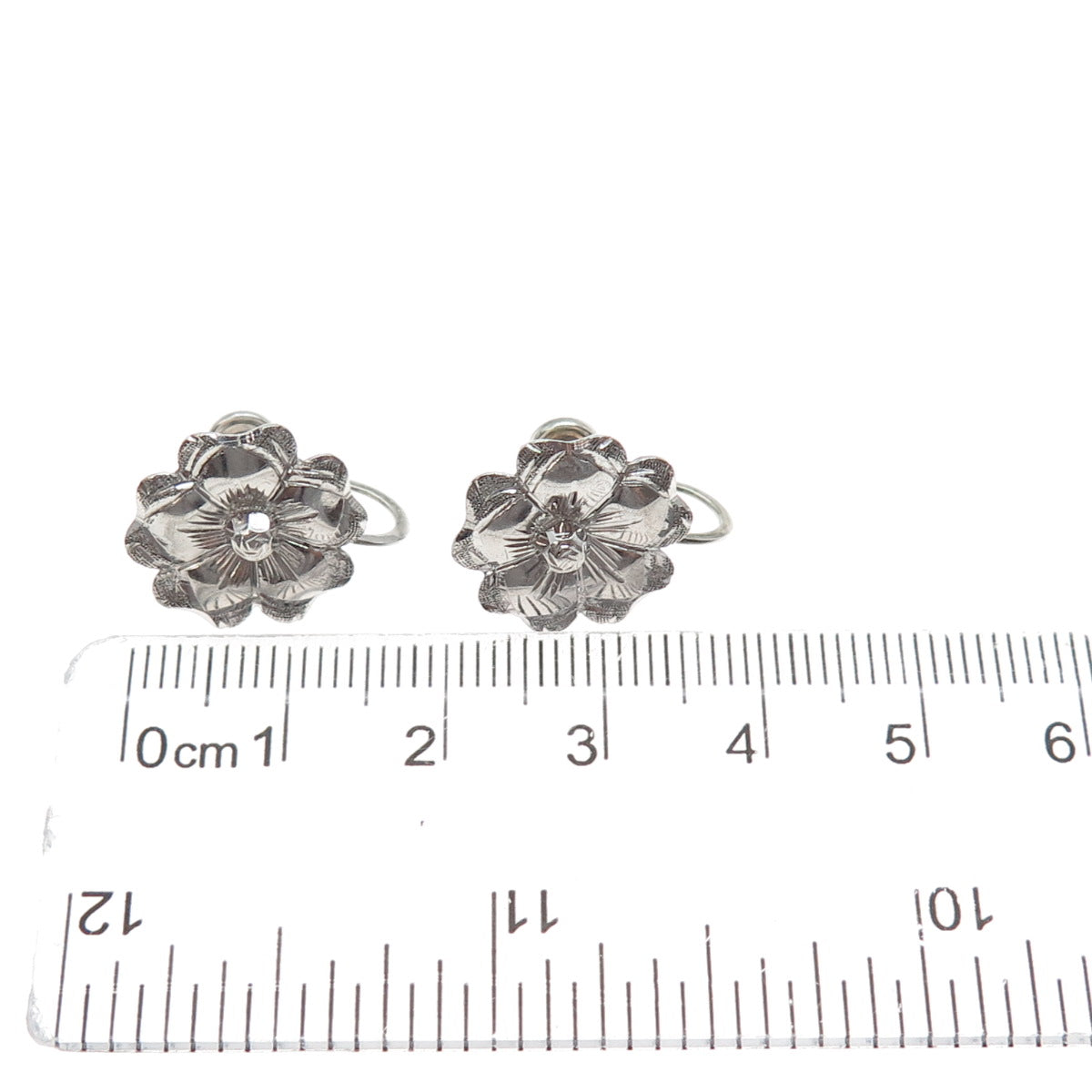 925 Sterling Silver Antique Art Deco Flower Blossom Screw Back Earrings