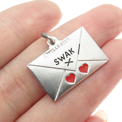 WELLS 925 Sterling Silver Vintage Enamel Sealed With A Kiss Envelope Pendant