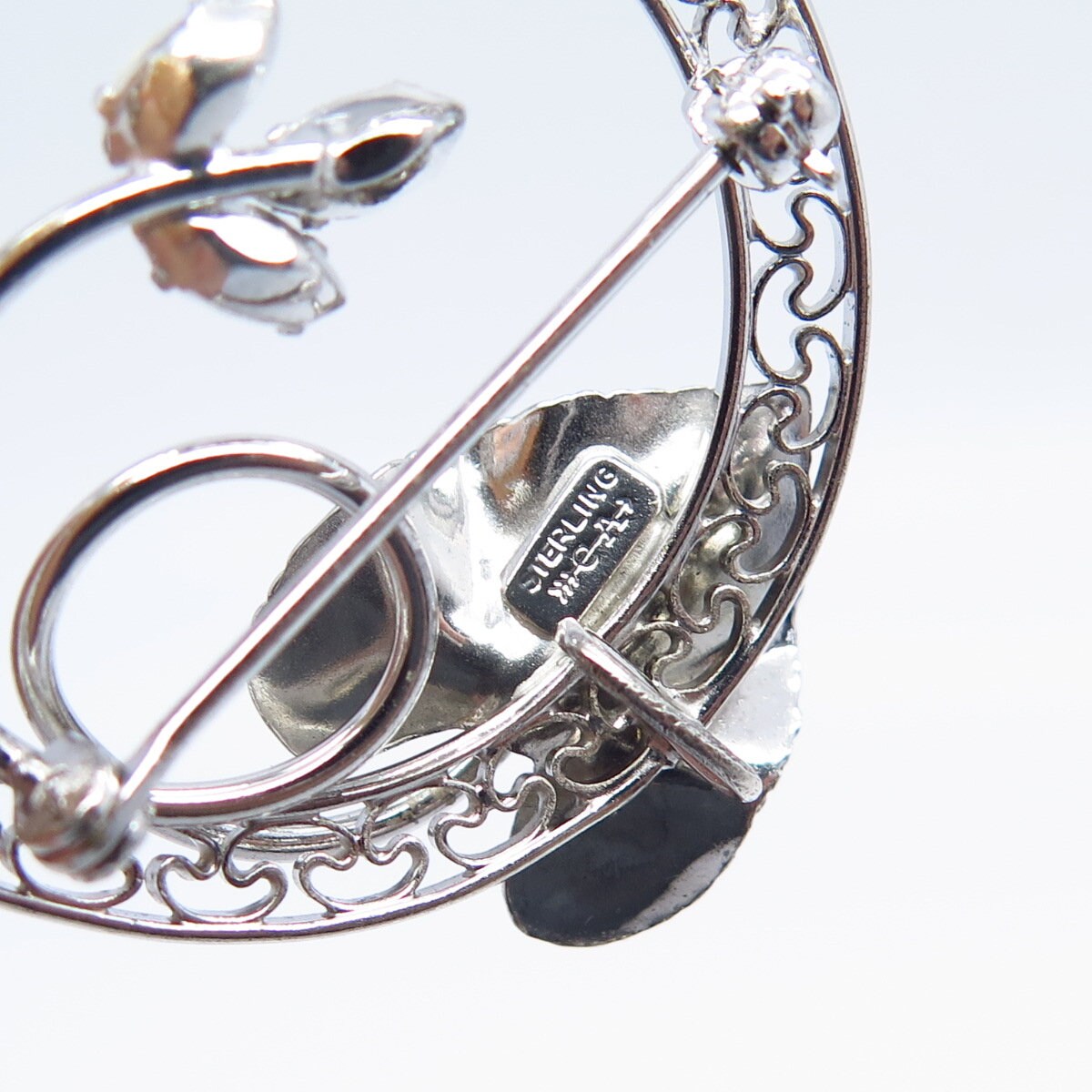 925 Sterling Silver Vintage Carl Art Rhinestone Leaf Pin Brooch