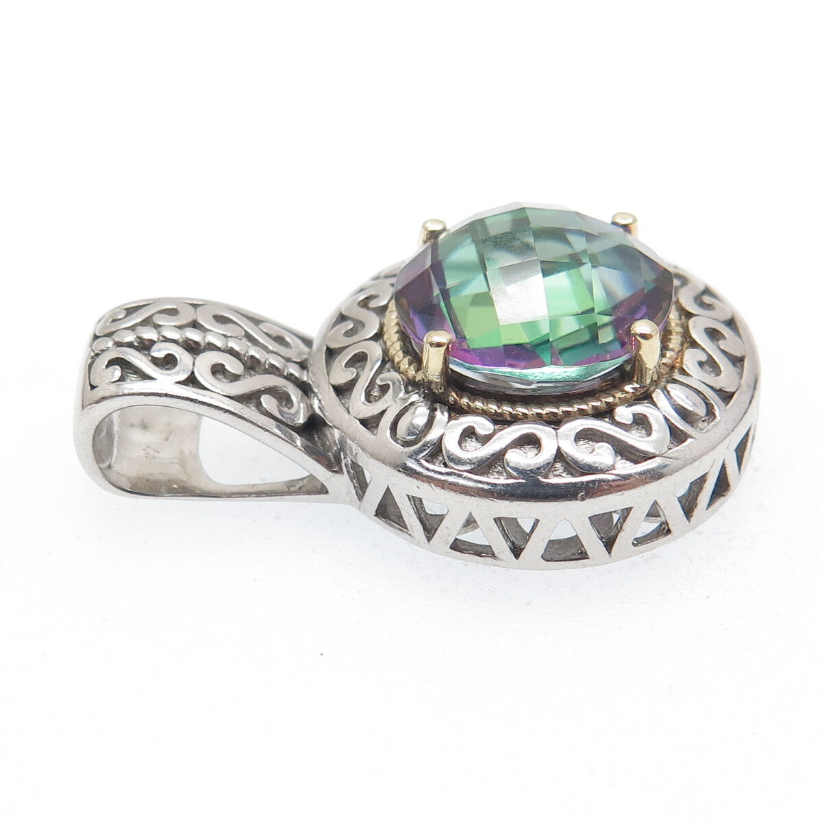925 Sterling Silver & 14K Gold Real Round-Cut Mystic Topaz Ornate Pendant