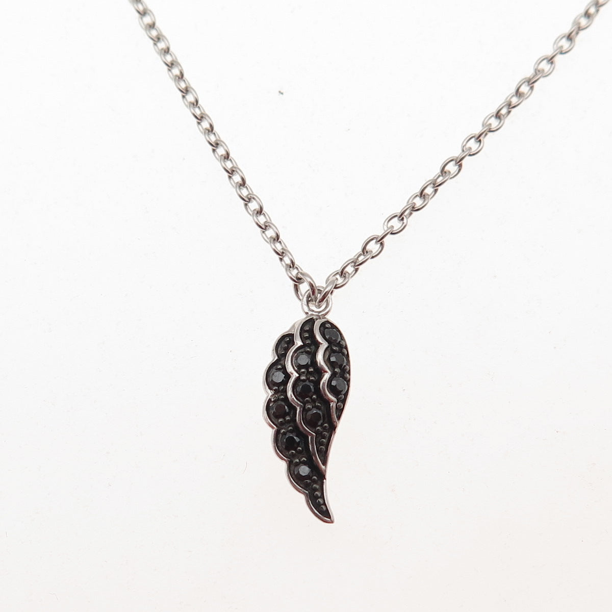DAVID ENGLISH Sterling Silver Black C Z Angel Wing Cable Chain Necklace 16-18"