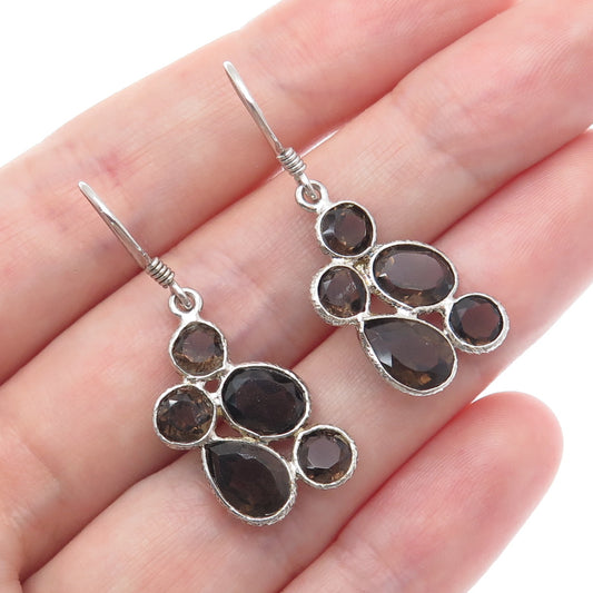 925 Sterling Silver Vintage Real Smoky Quartz Cluster Dangle Earrings