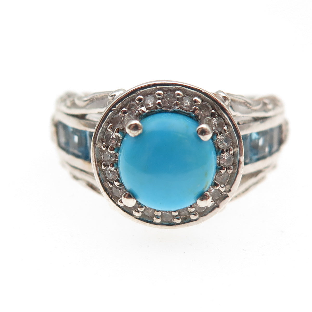 Chuck Clemency 925 Sterling Real Turquoise Blue & White Topaz Ring Size 8.25