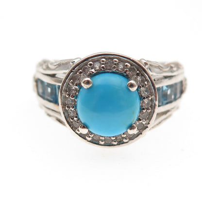 Chuck Clemency 925 Sterling Real Turquoise Blue & White Topaz Ring Size 8.25