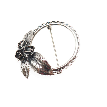 Beau 925 Sterling Silver Vintage Rose Floral Oxidized Pin Brooch