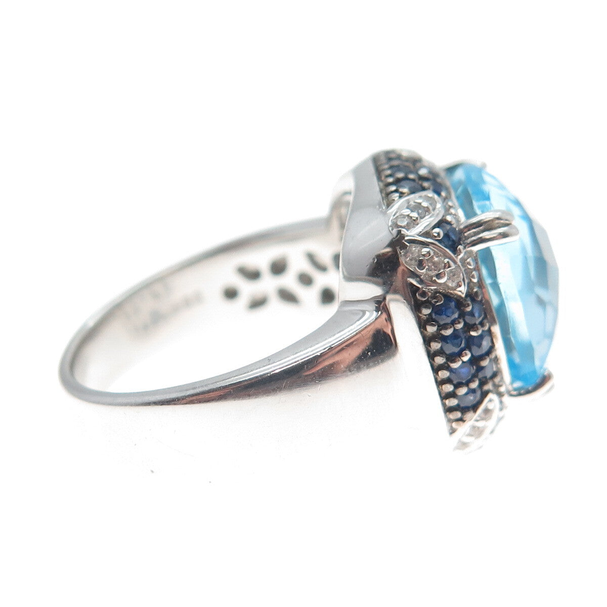 DSMK 925 Sterling Silver Checkered Blue & White Topaz Sapphire Gem Ring Size 7